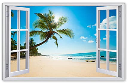 Tableaux de Paysage-Fausse Fenêtre Tableau Décoration Murale Salon-Palmiers à Sun Beach Image sur Toile-Impression sur toile Nature 25x40cm(10x16in)Sans cadre