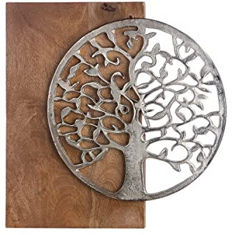 GILDE Oggetto decorativo da parete – Quadro con motivo albero della vita in metallo con gancio da appendere – Sfondo in legno di mango – 45 x 45 cm