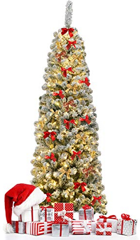 LIFEZEAL Albero di Natale con Luci Incorporate, 180 cm, con 350 Luci a LED, 641 Rami, Neve e Base in Metallo, Albero di Natale Slim, Christmas Tree da Casa e Negozio