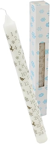 Christmas Advent Candle Boxed 25cm Tapered Countdown Candle with Robins and Reindeers Design (Cream)