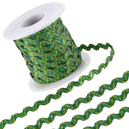 GORGECRAFT Cinta RIC Rac de 15mX5mm con Flecos Doblados Cinta Verde Brillante con Alambre Metálico Dorado Rojo Borde Ondulado Tela Trenzada de Encaje para Manualidades Adornos de Ropa Envoltura
