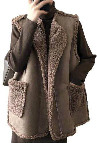 Fnfmrfmr Frauen Imitation Lammfell Weste Lose Ärmellos Reißverschluss Herbst Oberbekleidung Warme Dicke Jacke Top, dunkelbraun, 42