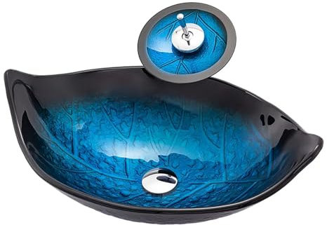 Badezimmer-Waschbecken, Blaues Waschbecken, Blattförmiges Künstlerisches Glaswaschbecken Mit Wasserfall-Wasserhahn Und Pop-Up-Ablauf, Über Der Theke