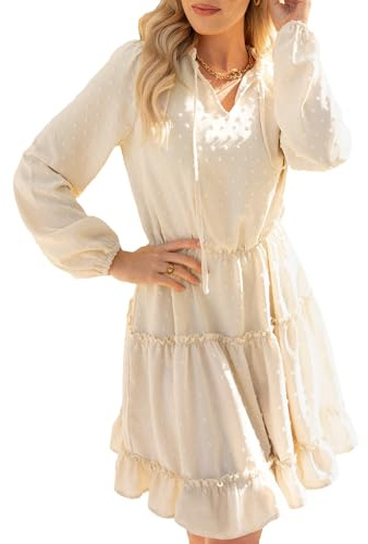 CUPSHE Damen Kleid V Ausschnitt Langarm Volants Chiffon A Linien Kurzes Kleid Freizeitkleider Party Tunika Mini Dress Beige XS
