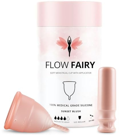 Flow Fairy Menstrual Cup with Applicator – Reusable 100% Medical-Grade Silicone Period Cup for Beginners – Leak-Free, Eco-Friendly, BPA & Latex Free, Up to 12-Hour Protection (Regular)