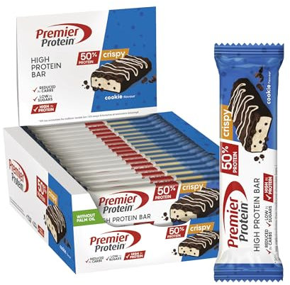 Premier Protein - High Protein Bar 50%+Crispy - Cookie - 16x40g - Low Sugar - Low Carb - palmölfrei