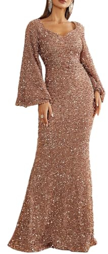 shownicer Abendkleid Langer Damen Elegant Glänzend Pailletten Kleider Langarm V-Ausschnitt Maxi Kleid Schlitz Ballkleid Festlich Hochzeitsgäste