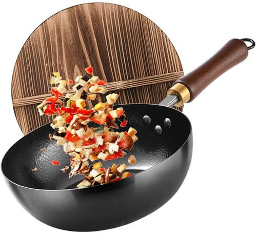 UMETRE Sartén wok de acero al carbono, sartén de 9.5 pulgadas y sartenes para saltear con tapa de madera, utensilios de cocina, wok antiadherente, sin revestimiento químico, parte inferior plana
