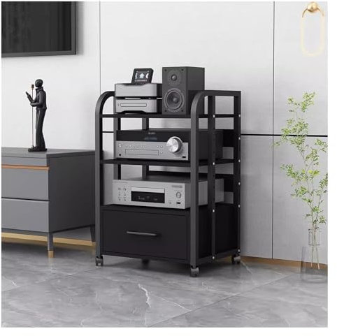 hifi rack Audio-Rack-Schubladenteiler auf Rollen – Medienregal aus Metall mit höhenverstellbarer Halterung – schwarzes Eck-Unterhaltungsregal, Aufbewahrungsständer für Schlafzimmer(With drawers 3 Tier