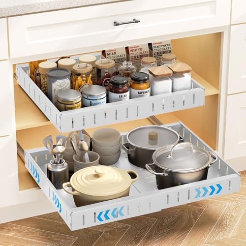 devesanter Telescopic Drawer, Extendable Drawer for Cabinet, Metal Slide Out Organiser, Kitchen Storage Shelf, Adhesive Tapes, Basket Drawer for Cabinet, White