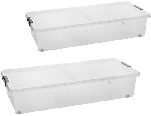LIVINJA Unterbettbox mit Rollen, 2er Set Unterbett Aufbewahrungsbox, 78 x 38 x 16 cm (32 Liter) - Geteilter Deckel, Clip-Verschlüsse, Transparent, Hergestellt in der EU