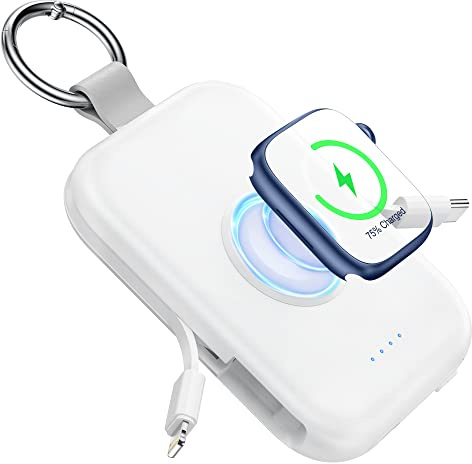RORRY CharmGo Powerbank 5000mAh, Power Bank mit Integriertem USB C Kabel | Reise Schlüsselanhänger,Tragbarer Externe Handyakkus für iPhone 17/16/15/14/13/12, Apple Watch Ultra/11/10/9/8/7/6/SE,Weiß