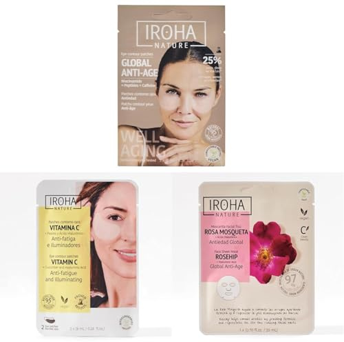 Parches Ojos Global Antiedad con Niacinamida y Cafeina + Parches Ojos iluminadores y antifatiga con Vitamina C + Mascarilla facial antiedad con Rosa Mosqueta y Ácido Hialuronico.