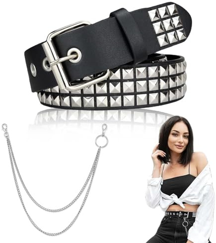 Cintura Punk in Pelle, Stile Punk Rock con Borchie a Piramide Argentate Elegante Cintura Donna Pelle Jnco Emo con Borchie - Cinture Donna Borchie Uomo, Stile Punk - BB Belt, Rivetti