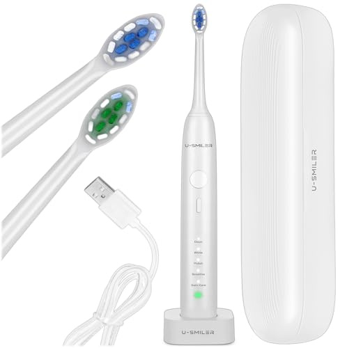 U-SMILER Schallzahnbürste, Elektrische Zahnbürste, Reisezahnbürste, Weiß | Timer und 4 Aufsätzen, 2x Weich, 2x Mittel, Mit Reiseetui, 3 Geschwindigkeiten, 2000mAh Akku, 220-240V, 84.000 Vibrationen