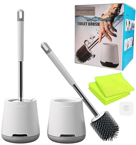 FLOORINGTON Silicone Toilet Brush & Holder Set (2 Pack) Deep Cleaning Rubber Loo Brush with Quick Dry Holder, Floor or Wall Mounted Bathroom Cleaning Kit Includes 2 Microfibre Cleaning Cloths TB33