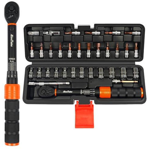 AivaToba Drehmomentschlüssel Fahrrad 1/4, 2-24 Nm Drehmomentschlüssel, 33-tlg. Set Torque Wrench mit 72 Zähne Ratsche, ±3% Fehlergenauigkeit, Inklusive Verlängerungsstangen, 1/4- 3/8 Adapter