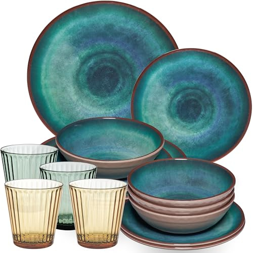 Service de table en mélamine Jesolo Vert pour 4 personnes - 16 pièces - avec verres assortis de 360 ml en acrylique - Aspect grès - Accessoires de camping, vaisselle de camping, camping-car, jardin