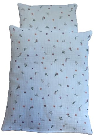 Puppenbettwäsche für Puppenbett, Puppenlauflernwagen, Musselin Verschiedene Ausführungen und Muster (Streublumen klein)