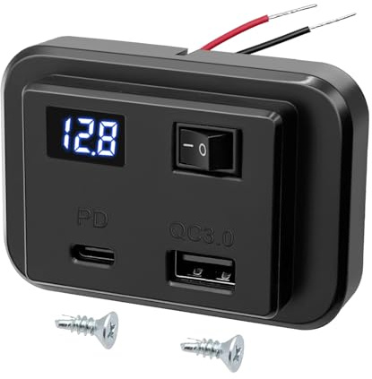 Dexumodbk 12V Dual USB C Car Charger Socket Panel with Switch and LED Voltmeter 40W PD2.0+QC3.0,DC12V-26V USB Power Outlet Outdoor Quick Charge Adapter Socket for Campervan Boat Truck Marine Accessori
