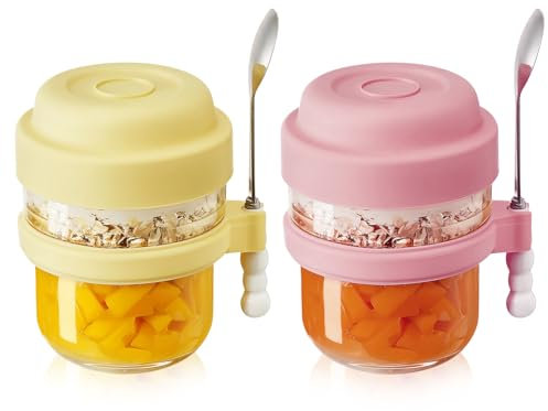 Naapesi 2PCS Porta Yogur, Taza de Cereales para Llevar, Taza de Cereales con Cuchara, Termo de Comida Caliente, Termo Comida Bebe Adulto, Tarros de Cristal con Tapa para gachas, café, lavavajillas.