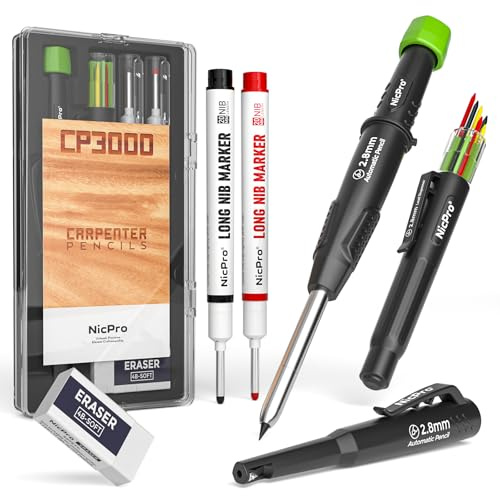 Nicpro Zimmermannsbleistift mit Spitzer, CP3000 Tieflochmarker mit 6 Nachfüllungen in einem Minenspender, Bleistift Baustelle mit langer Spitze für den Bau, robuste Zimmermannswerkzeuge