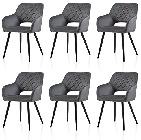 TUKAILAI Esszimmerstühle 6er Set aus Samt, Küchenstuhl Polsterstuhl mit Offener Rückenlehne,Armlehnen,Gepolstertem Sitz, Metallbeinen, Stühle für Wohnzimmer,Esszimmer,Küche (6, Grau)