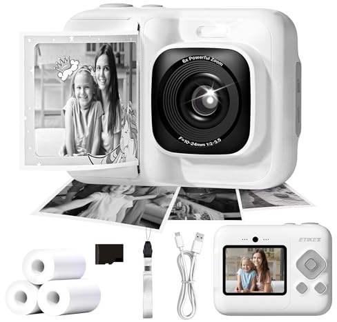 ETIKEZ Kids Camera, 1080P Instant Digital Print Camera for Kids, Christmas Birthday Gifts for 4 5 6 7 8 9 10 Year Old Girls Boys, Portable Toy with 1 Pack 32GB SD Card & 3 Pack Printing Paper, White