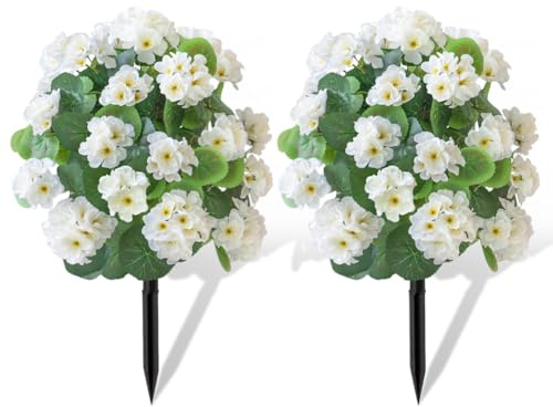 JOYWU Rose Topiary Ball Trees with Ground Spike,2 Pcs Faux Morning Glory Flower with Stakes,UV Resistant Artificial Boxwood Topiary Ball Tree for Porch Garden Patio,50-55cm (Crabapple-white)