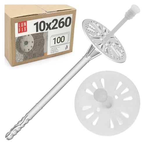 Cheville Isolation 10x260 mm, 100 pcs, Isolation Thermique façade | fixation panneau EPS WDVS, cheville à frapper plastique avec rondelle, fixation polystyrène longue isolant ITE ETA