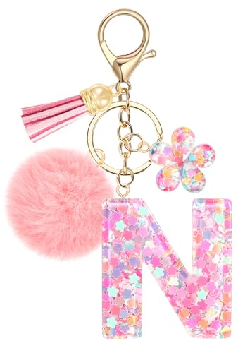 JSRQT Niedlicher Rosa Schlüsselanhänger Buchstaben, Namens Alphabet Harz Schlüsselanhänger Blumen Pailletten mit Pompons, Taschenanhänger Key Chain