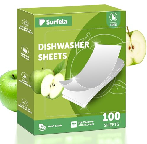 Surfela Feuilles pour lave-vaisselle – 100 lavages, sans plastique et durable, nettoyage puissant avec enzymes protéase contre les protéines et la graisse, remplacement respectueux de l'environnement