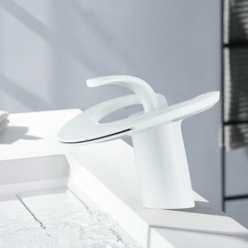 HUAHOMDY Wasserhahn Bad Wasserfall Weiß Waschbecken Messing Heiß und Kaltmischer Mischbatterie Einhebelmischer Waschtischarmatur für Badezimmer