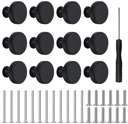 12 Pack Matte Black Cabinet Knobs,Brushed Satin Nickel Door Knobs,Single Hole Cabinet Pulls 1.2 Inch Diameter Round Drawer Knob and Pulls for Drawer Dresser,Cupboard and Wardrobe-Hardware Handles