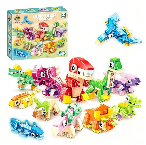Nzkeuf 3 en 1 Mini Dinosaurios Construcciones para Niños, 12 Animales Bloques de Construcción, Detalles para Fiestas, Regalos Navidad y Cumpleaños para Niños y Niñas 3-12 Años