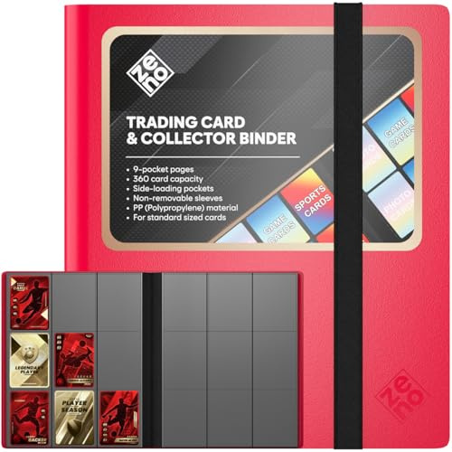 Classeur pour Cartes 9 Pockets - 360 Emplacements - Polypropylène Durable | Chargement Latéral qui Évite les Glissements, sans Acide ni PVC, Sangle Élastique de Fermeture, Léger et Compact - Rouge