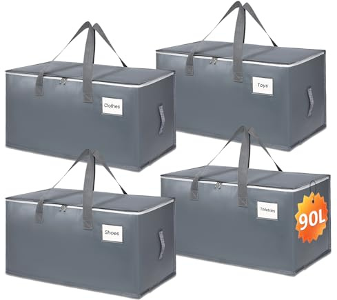 4 Pezzi Borsa Portaoggetti Grande, 90L Contenitori per Armadio Salvaspazio con Cerniera e Maniglia, Pieghevole Scatole Porta Vestiti, Borse per Trasloco per Indumenti, Coperte, Biancheria da Letto
