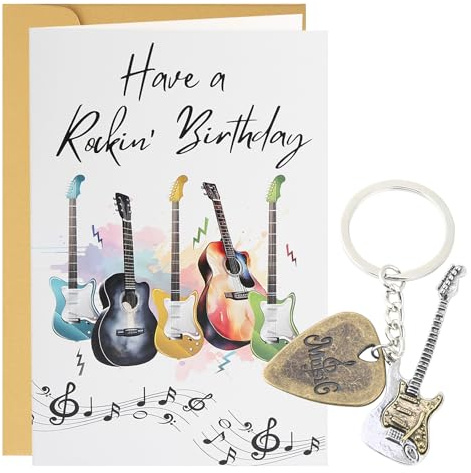 Guitar Birthday Card - Guitar Gifts, Music Lovers Gifts for Men, Rock Music Themed Gift for Lovers,Funny Relatable Humour for Electric Guitarist Birthday Card, Birthday Card with Envelope and Keychain