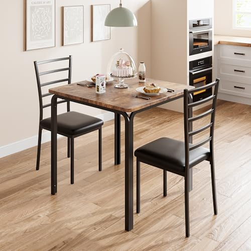 Thaookte 3-Teiliges Küchentisch-Set, Esstisch Mit 2 Stühlen, Tisch Und Stühle Für 2, Quadratischer Esstisch Aus Metall Und Holz Mit 2 Gepolsterten Stühlen Für Kleine Räume, Retro-Farbe