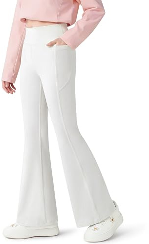 Baogaier Sportleggings flare för flickor med 2 ficka stretch mjuk hög midja utsvängda byxor andningsbara aktiviteter skoldans bootcut byxor barnkläder för 7–15 år, Vitt och blått, 12-13 �r
