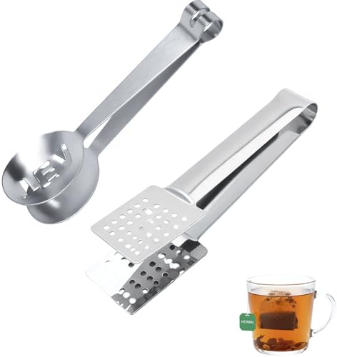 Haoyic 2 Pcs Tea Bag Squeezer Tongs, Stainless Steel Teabag Strainer & Clip Tool for Tea Bags, Ice, Sugar Cubes (Square & Round)