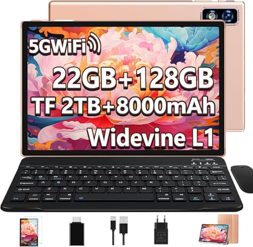 Último Tablet Android Gemini AI, Tablet 10 Pulgadas, 22GB+128GB/TF 1TB, Octa-Core 2.0GHz, 5G WiFi, Bluetooth5.0, 8000mAh Batería, 8MP+5MP, Widevine L1, GPS, Tablet con Funda, Teclado y Ratón - Dorado