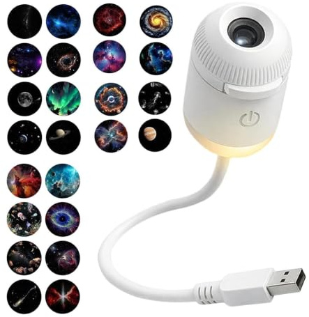 Proyector de galaxia USB | Lámpara de pared USB de brillo ajustable | Proyector de lámpara de galaxia giratorio de 360 grados con 24 diapositivas de película | para dormitorio, hotel, camping, sala de
