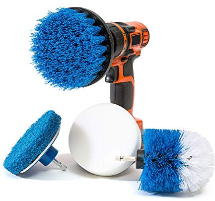 RevoClean 4 Piece Scrub Brush Power Drill Attachments-All Purpose Time Saving Kit-Perfect for Cleaning Grout, Tile, Counter, Shower, Grill, Floor, Kitchen, Blue & White
