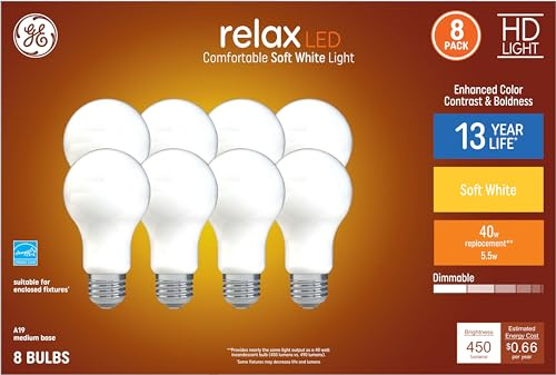 GE Relax 8-Pack 40 W Equivalent Dimmable Warm White A19 LED Light Fixture Light Bulbs 44898