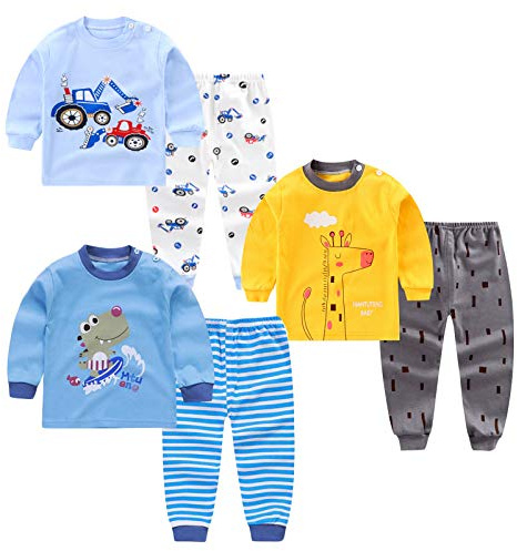 XM-Amigo Pyjamas för pojkar, 3-delat set med dinosaurie, robot, lejon, traktor, tryckt barnpyjamas, långärmad topp, bomull, sovkläder, skjortor och byxor, underdelar, nattkläder, outfit för barn