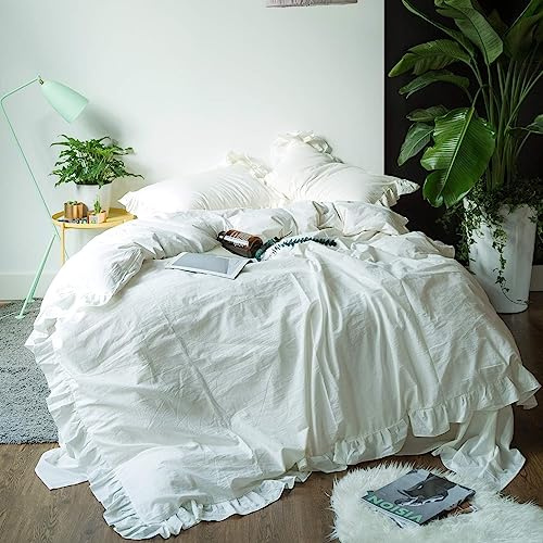 Lanqinglv Rüschen Bettwäsche 200x200 Weiß,ÖKO-TEX Zertifiziert,3 Teilig | für Allergiker,Aesthetic Bettwäsche aus Mikrofaser,Romantisch Bettbezug mit Reißverschluss und 2 Kissenbezug 80x80 cm