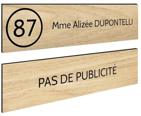 DECOHO - Plaque Boite aux Lettres Personnalisable - Lot de 2 plaques adhésives - Bleu Texture Bois, Lettres Noires - Format 100x25 m - Marron