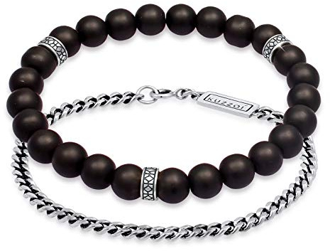 Kuzzoi Herren Armband Set bestehend aus einem elastischen Onyx Edelstein | Armband mit Silber Beads und einem Panzerarmband 925 Silber oxidiert Länge 19-21 cm