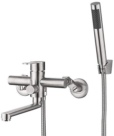 HomeLava Badewannenarmatur mit Handbrause Wannenarmatur Badewanne Armatur Wannenbatterie Edelstahl gebürstet mit 1,5m Duschschlauch inkl. Wandhalterung und Exzenter S-Anschlüsse für Bad Badezimmer